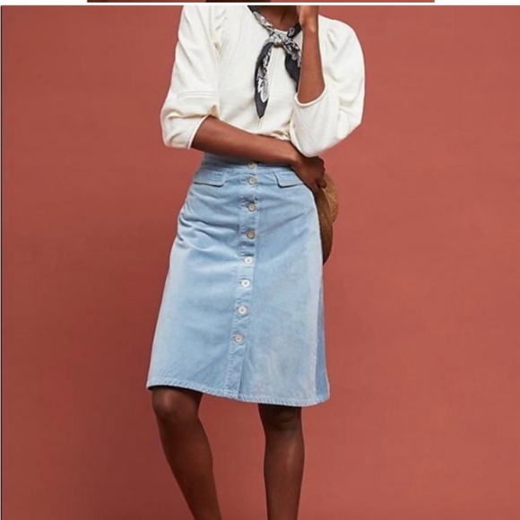 Anthropologie Corduroy Sky Powder Blue Retro Pencil Midi Skirt Size 8 - Picture 2 of 6